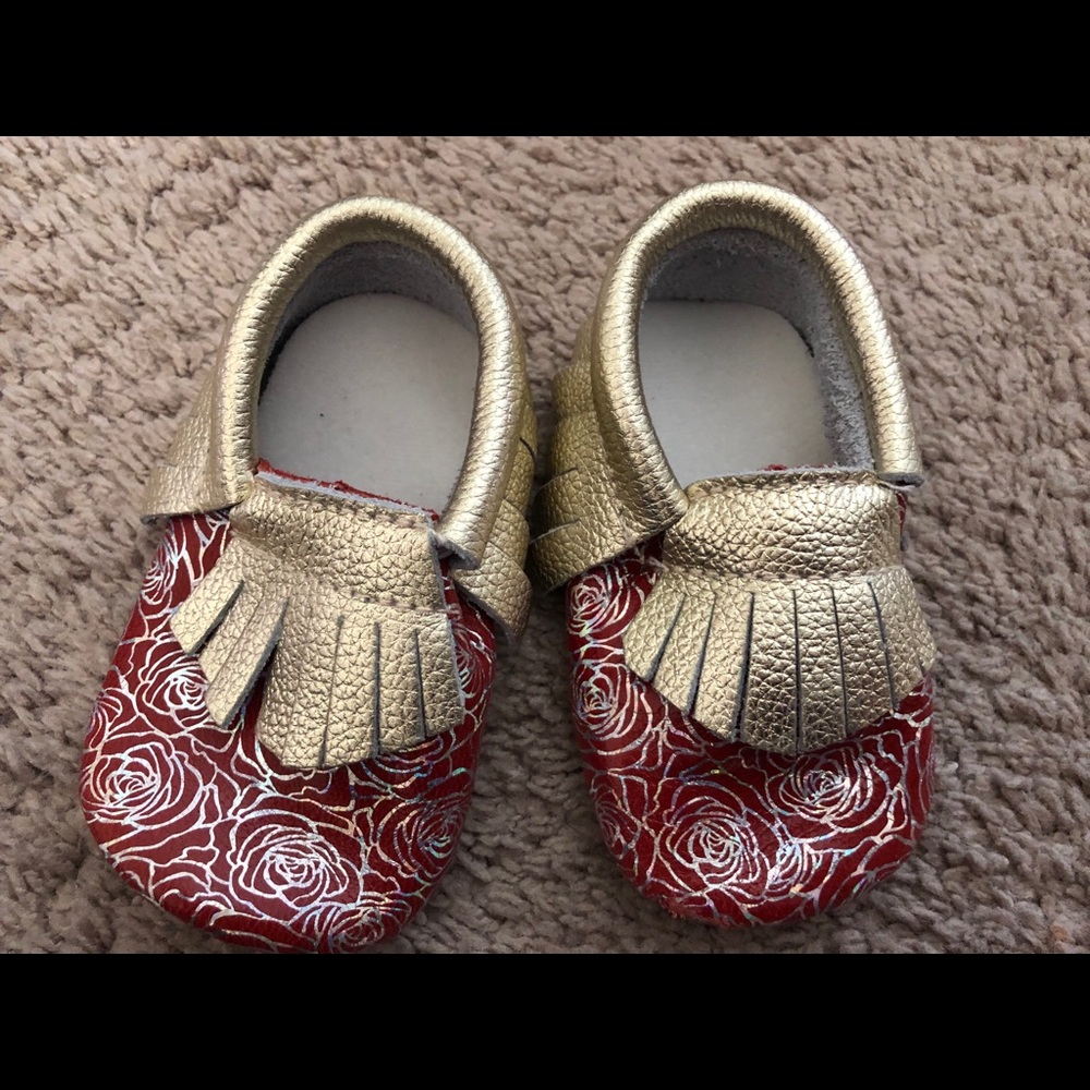 Red and Gold baby girl moccasins.